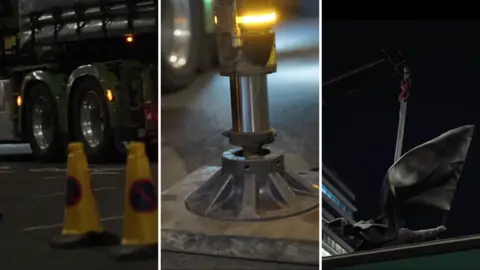 Instagram/Banksy Composite image shows yellow traffic cones marking off the area as a large truck pulls up before putting lorry-load stabilisers in place. 