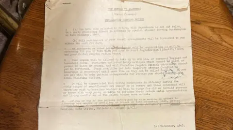 A dog-eared typed letter on thin, discoloured, fragile paper called 'The Return to Alderney' sets out plans for islanders to travel home after the end of the second world war, setting out stipulations like the amount of luggage allowed and warning of severe living conditions. 