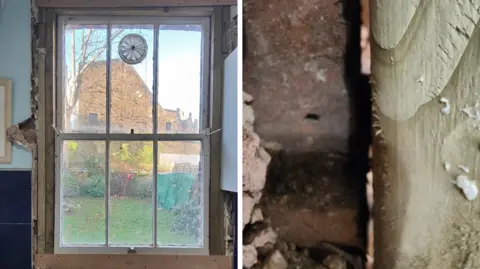Charlie Cox Left image of window surrounded by wood blocks and damaged brickwork. Right image shows gaps in wall through to the outside where the does not meet flush with the wall. 