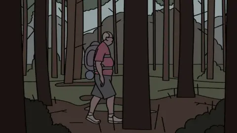 Antidote Films An illustration shows a man walking through a dense forest. The scene is filled with tall, dark tree trunks stretching upward, with layered foliage and hills visible in the background. The person is wearing a short‑sleeved pink shirt, knee‑length shorts, and sneakers, and is carrying a large backpack with rolled gear attached. The ground is covered in earth tones and scattered undergrowth.