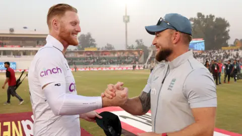 England captain Ben Stokes and coach Brendon McCullum after win over Pakistan in Rawalpindi