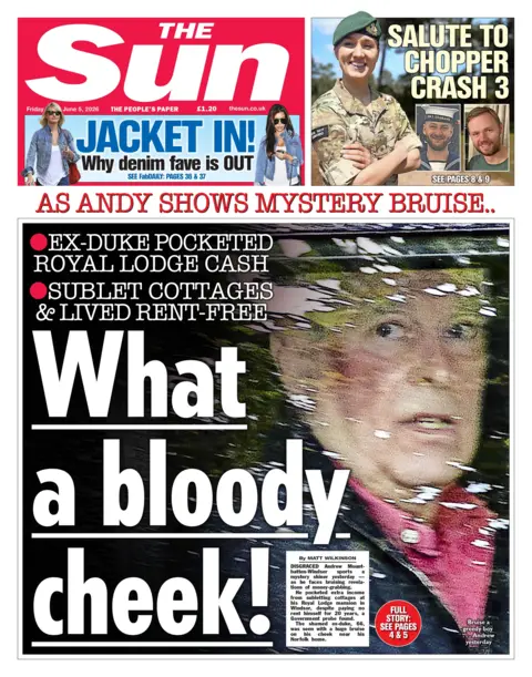 The headline on the front page of the Sun reads: "What a bloody cheek!" 