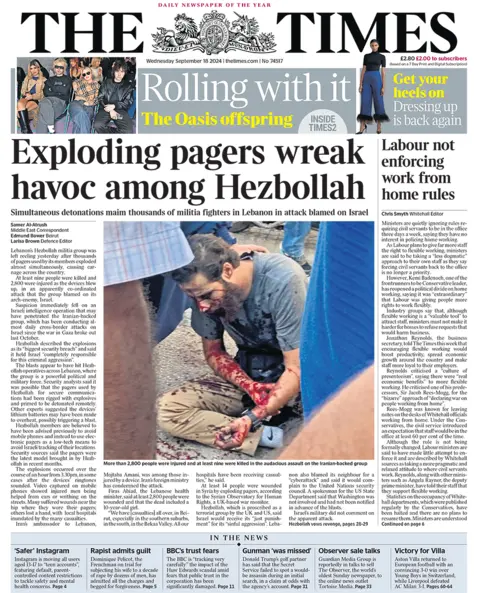 The Times headlines "exploding pagers wreak havoc among Hezbollah"