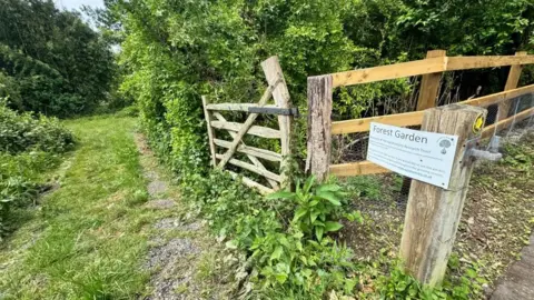A sign leading the way to the Forest Garden. There is a handmade wooden gate open and a track leading downn to the garden.