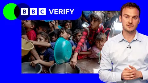 An images of children waiting for food in Gaza, with a blue border, a BBC Verify lorzenge in the top left corner and the reporter, Jake Horton on the left hand side 