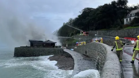 BBC Fire crews tackling the blaze at the Octopus Restaurant in Guernsey in February 2024