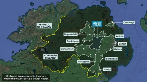 a map of Northern Ireland showing areas where tap water is sourced from Lough Neagh - named towns are Newry, Banbridge, Lisburn, Antrim, Carnlough, Magherafelt, Dungannon, Portadown and part of Belfast