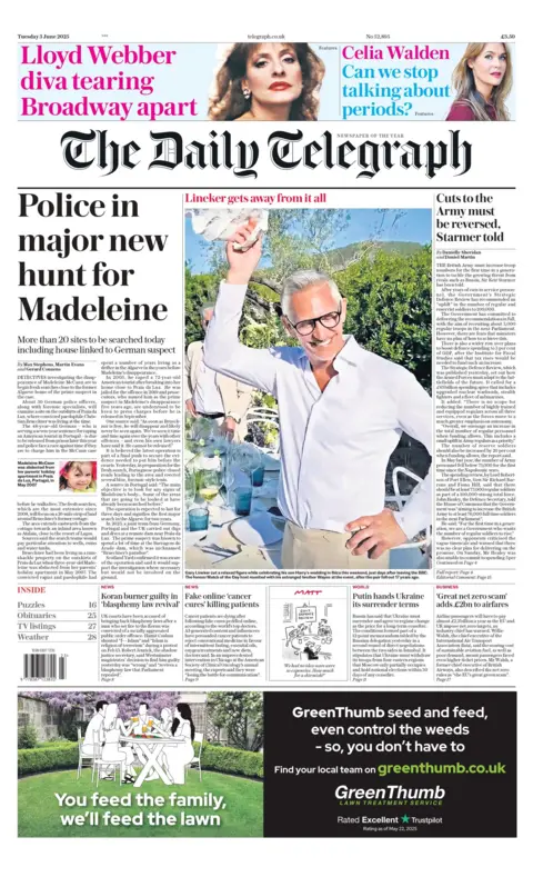 The headline on the front page of The Daily Telegraph reads "police in major new hunt for Madeleine".