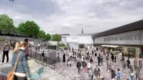 Rotherham Council A computer image of a vibrant market building with lots of shoppers.