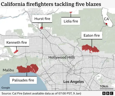 Map showing location of five fires around Los Angeles, their shapes based on the latest data from Cal Fire at 07:00 GMT on 9 Jan - and the proximity to Malibu and the Hollywood Hills