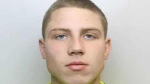 Police mugshot of a man with a wide face but pointy head and chin. He has thin long eyebrows and blue eyes..