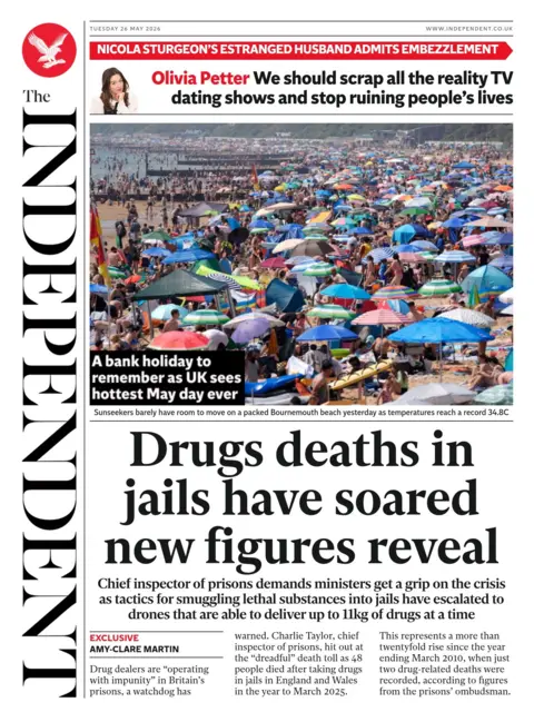 "Drug deaths in jails have soared new figures reveal" reads the headline on the front page of the Independent.