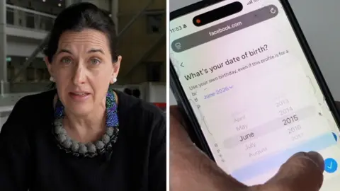 Kay Watson (left), Facebook age registration page on the smartphone app (right).