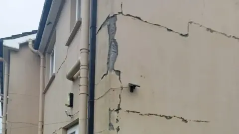 Kathrina Kirk A house that has large exterior cracks in its facade. Grey bricks are visible underneath a brown coloured exterior. 
