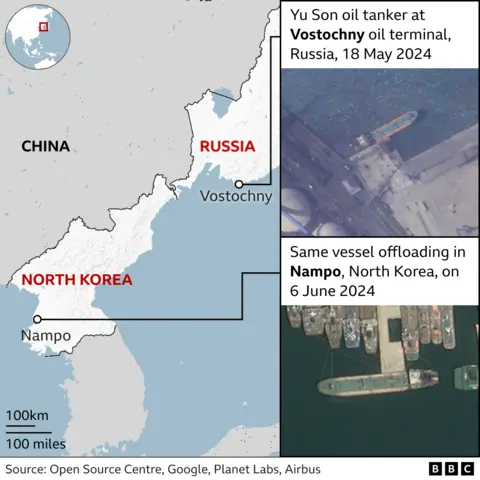 Graphic showing on a map the ports from where a North Korean tanker departed and where it docked