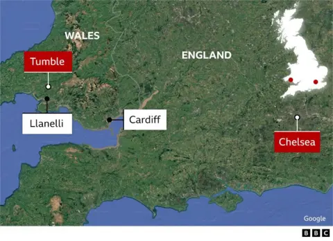 Map illustrating Tumble, Llanelli, Cardiff and Chelsea