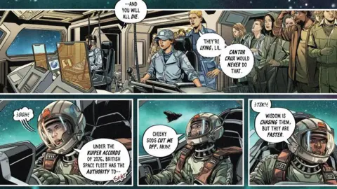 Marc Laming/B7 Comics A colourful image from Dan Dare: First Contact. Much of the action is taking place on a spaceship.