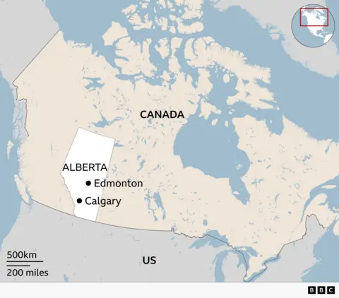 Map of Canada highlighting the province of Alberta in western Canada. Alberta is shaded and labelled, with two major cities marked: Edmonton in the central part of the province and Calgary further south. The wider map shows Canada extending eastward and the United States to the south. Coastlines, lakes and rivers are shown in pale blue, and surrounding land is in light beige. An inset map in the top right shows the location within North America.