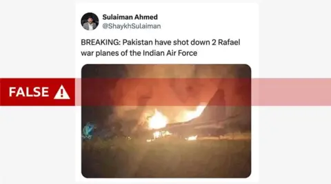 X/Sulaiman Ahmed One of the debunked images claiming to show a crashed Indian air force jet.