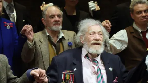 Getty Images Sir Ian McKellen and cast at the curtain call during the press night performance on 11 April, 2024