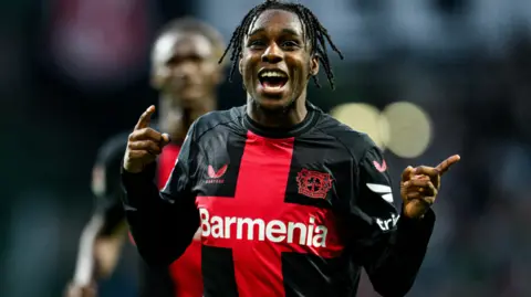 Jeremie Frimpong celebrates after scoring for Bayer Leverkusen during the Bundesliga match against Werder Bremen