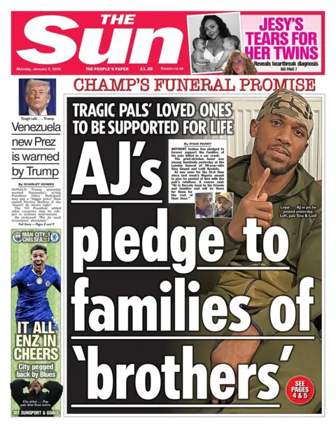 The headline on the front page of the Sun reads: "AJ's pledge to families of 'brothers'."
