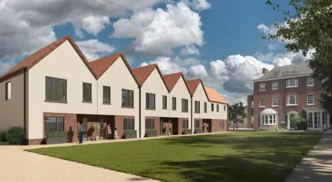 A drawing of the new development with the new homes shown - they are white with pitched roofs and sit in front of a grass lawn at the end of which sits Hurstlea House, a three story building with white windows