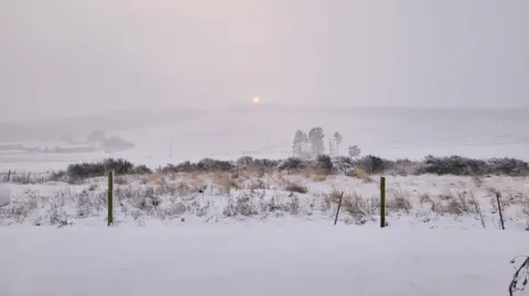 Doric/BBC weather Watchers Snow covers farmland with fence posts, bushes and trees. In the distance is the glow of a low sun. 