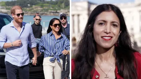 A splitscreen image. On the left, Harry and Meghan. The right, Noor Nanji.