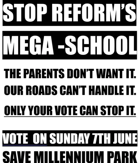 The first page of the poster which has STOP REFORM'S MEGA-SCHOOL written in capitals. 