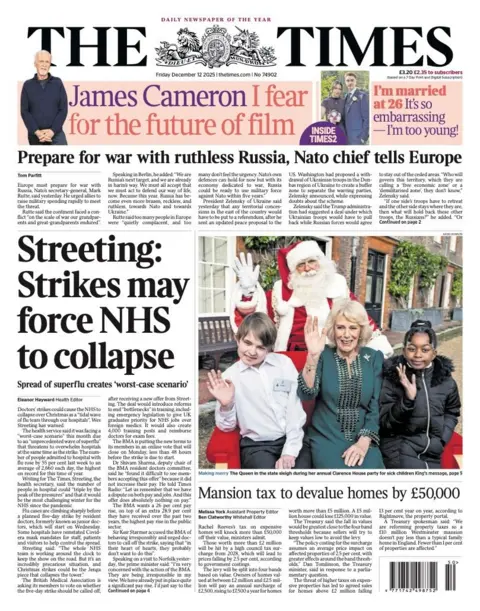 The headline on the front page of the Times reads: “Streeting: Strikes may force NHS to collapse".