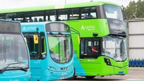Arriva Three buses of a range of sizes and shapes. 