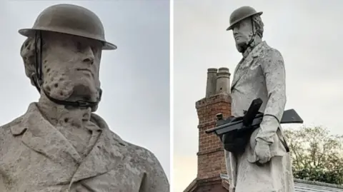 Dunchurch Festival Group Close-up images showing the statue with the old tin helmet and another showing the gun placed under its arm.