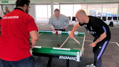 Sam Read/BBC England stars Jack Leach and Anya Shrubsole play Table Cricket