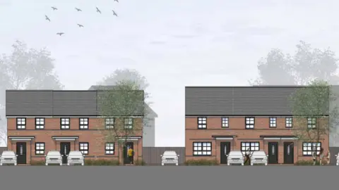 Barratt Homes An architectural drawing of the proposed house designs. It shows two blocks of red brick demi-detached houses with cars parked in front of them.