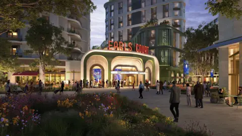 ECDC A digital mock up of the new development showing a cinema with the words Earls Court written above in large red letters