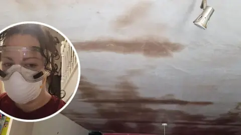 Jessica McCarnum A ceiling with large brown patches where it has been wet. A small image in a circle to the left of the main picture shows Ms McCarnum wearing goggles and a mask in her home