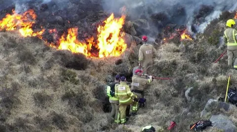 Several firefighters dressed in high vis uniforms beat back a burning wildfire in vegetation on the side of a mountain.