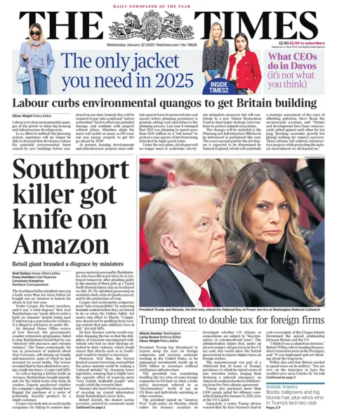 Judul utama di Times berbunyi: "Pembunuh Southport mendapat pisau di Amazon". 