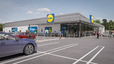 LIDL The generated image shows shoppers parking, entering and leaving the store. Its branding is visible on the outside of the store which is one level and grey in colour with a glass entrance.