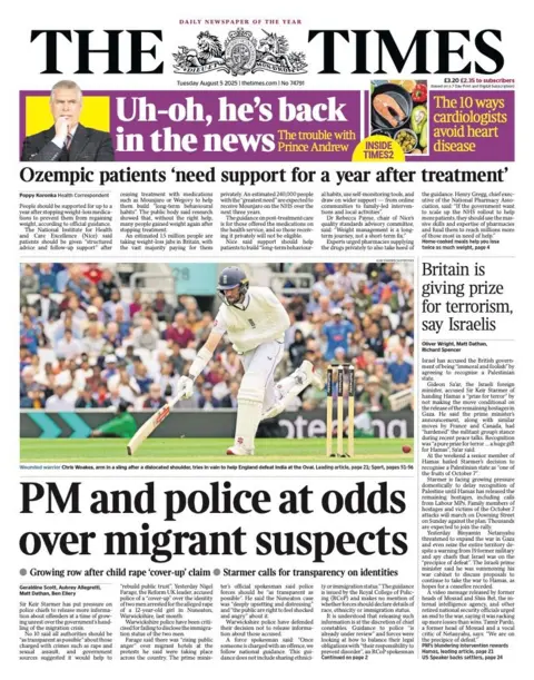 The headline on the front page of the Times reads: "PM and police at odds over migrant suspects"