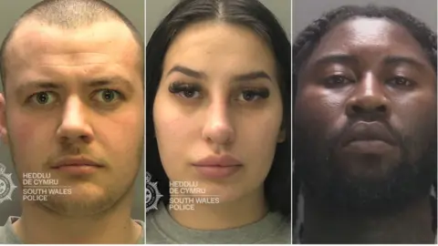 South Wales Police A composite image of three defendants. Huntley has a shaved head and short stubble, Ginova has dark long hair, and Gordon has black twists and a black beard. 