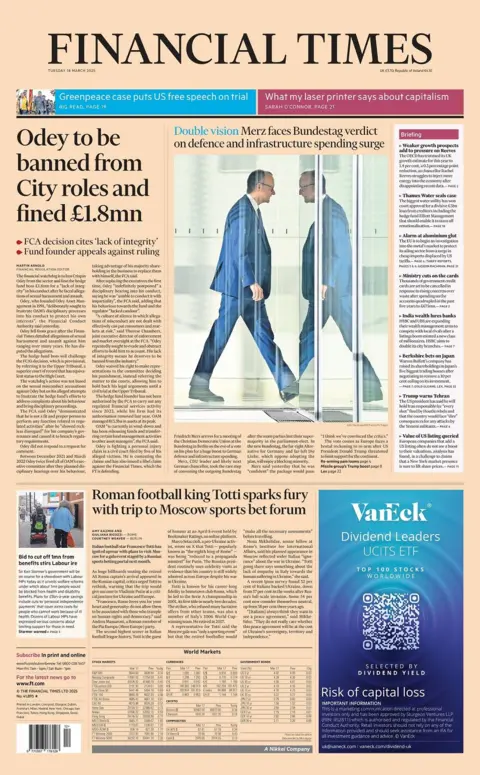 Front leafage   of the FT paper  for Tuesday 18 March 2025