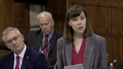 Emma Foody MP speaking during the Westminster Hall debate. She has shoulder-length brown hair and is wearing a grey jacket and red top. Other MPs are sat listening behind her.