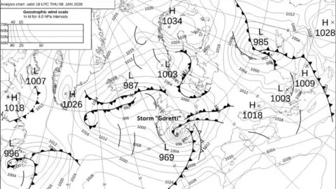 Met Office A picture of a large white chart with writing on it and a variety of different numbers.