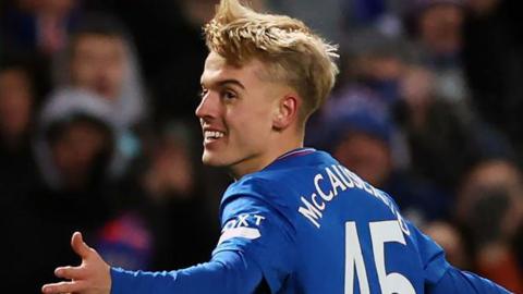 Ross McCausland celebrates scoring for Rangers against Aris Limassol last November against 