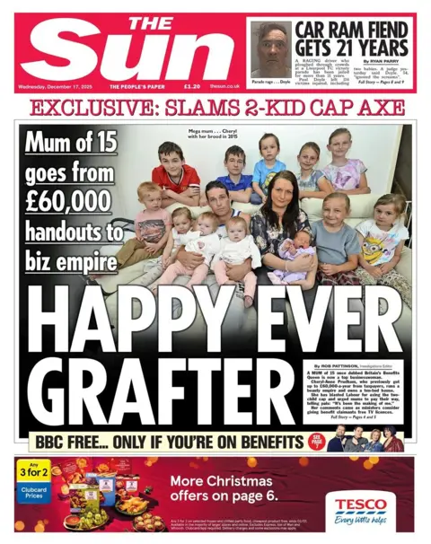 The headline on the front page of the Sun reads: "Happy ever grafter".