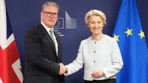 UK Prime Minister Keir Starmer shakes hands with European Commission president Ursula von der Leyen