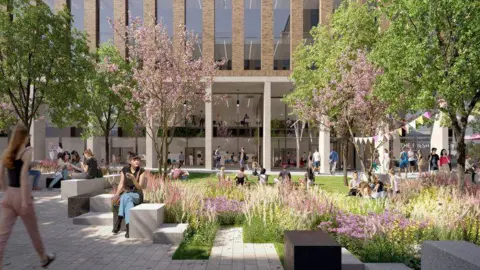 Sheffield Hallam University An artist's drawing of a green lawn with flowers and trees. There is paving and large stones which people are sitting on. In the background is a university building