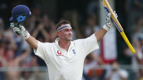 Graham Thorpe celebrates a century for England against West Indies in Barbados in 2004